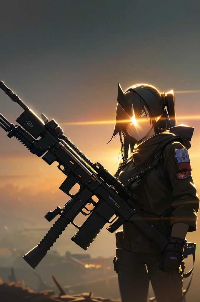 In the spotlight, holding_gun, assault_rifle, Very detailed,, Anime Style, whole body, alone, Stylish Gunfighter Girl, Holding a steampunk long barrel pistol,Standing in the wasteland, 8K high resolution, White Background, The background is a dark and desolate landscape, Horror movie atmosphere. Her figure is very beautiful, Emphasizing the dark and crazy elements. Skillfully expressing the effects of light and shadow, Anime girls with guns and rifles, from Girls' Frontline, mechanized soldier girl, Girls' Frontline style