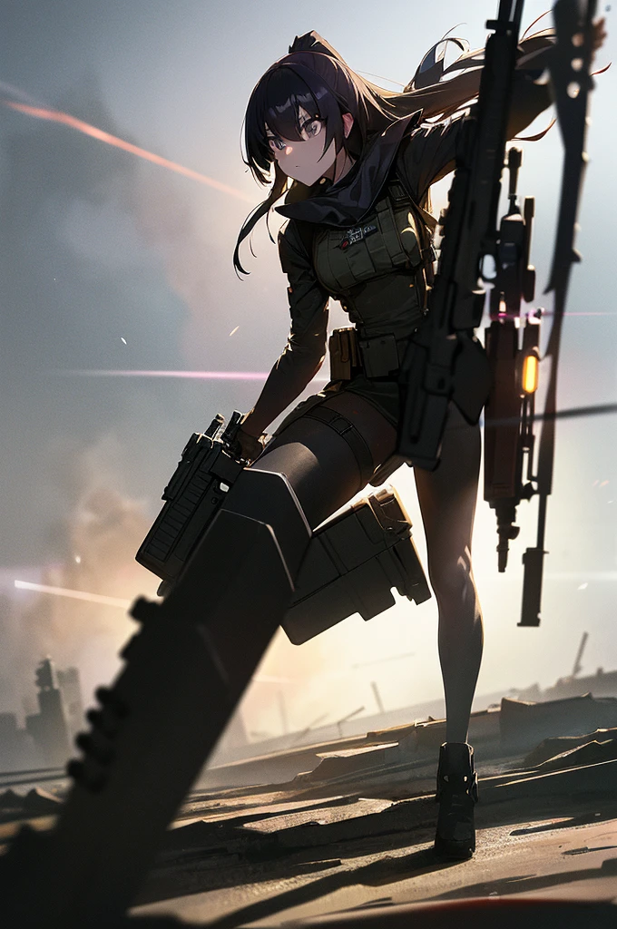 In the spotlight, holding_gun, assault_rifle, Very detailed,, Anime Style, whole body, alone, Stylish Gunfighter Girl, Holding a steampunk long barrel pistol,Standing in the wasteland, 8K high resolution, White Background, The background is a dark and desolate landscape, Horror movie atmosphere. Her figure is very beautiful, Emphasizing the dark and crazy elements. Skillfully expressing the effects of light and shadow, Anime girls with guns and rifles, from Girls' Frontline, mechanized soldier girl, Girls' Frontline style