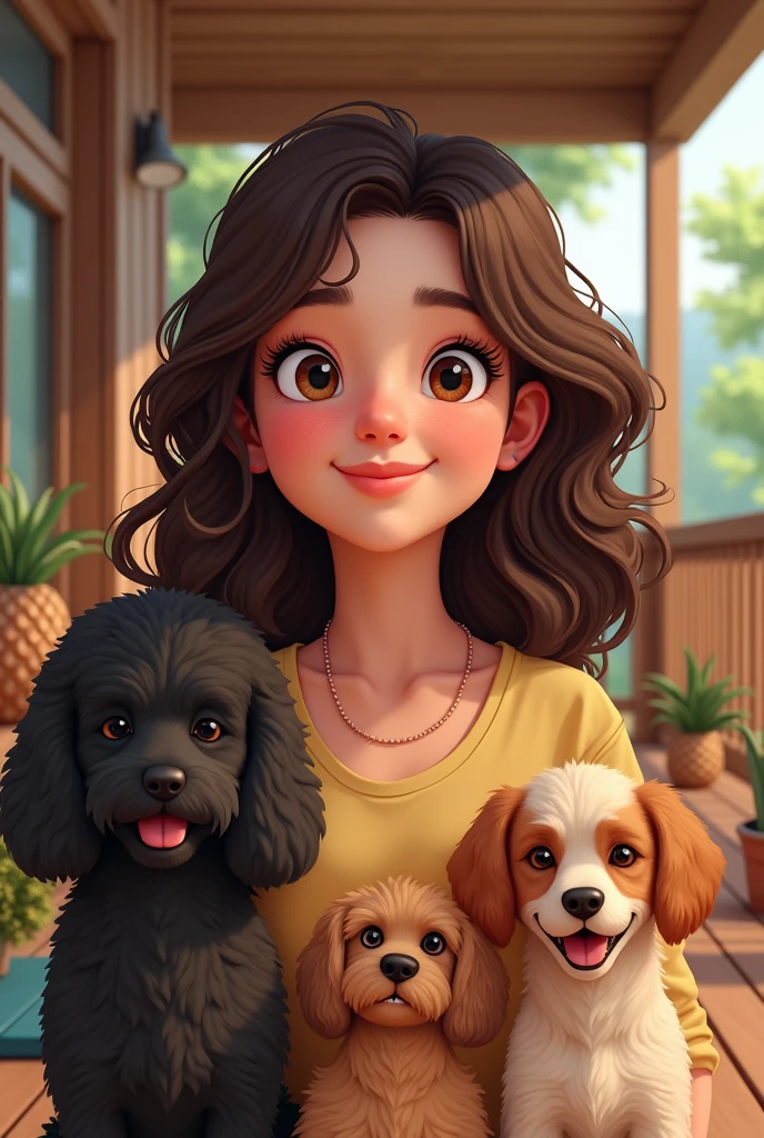 Wavy hair,Brunetette, black poodle dog in the face,happy,insula,House, pineapple wooden deck, prancha surf, , toy poodle dog, brown mutt dog, joy cartoon caramel, closed smile