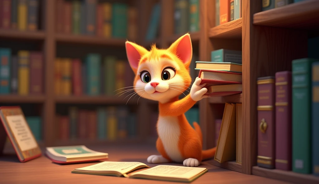 "Illustrate the cat browsing through bookshelves in the library, with a curious look on its face. The cat pulls out books and looks through them with interest."
3d animated disney inspired
