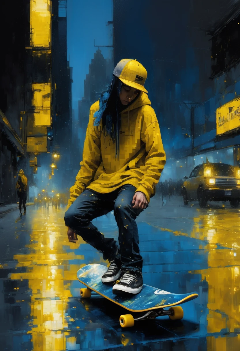 High relief pixel art made by oil painting by Jeremy Mann of a skateboarder on a nightmare pretty surreal at night, deep grey and black blue and golden yellow, 4D, 8K, photorealistic, dreamlike, big and complex composition storytelling, masterpiece, Impressionism