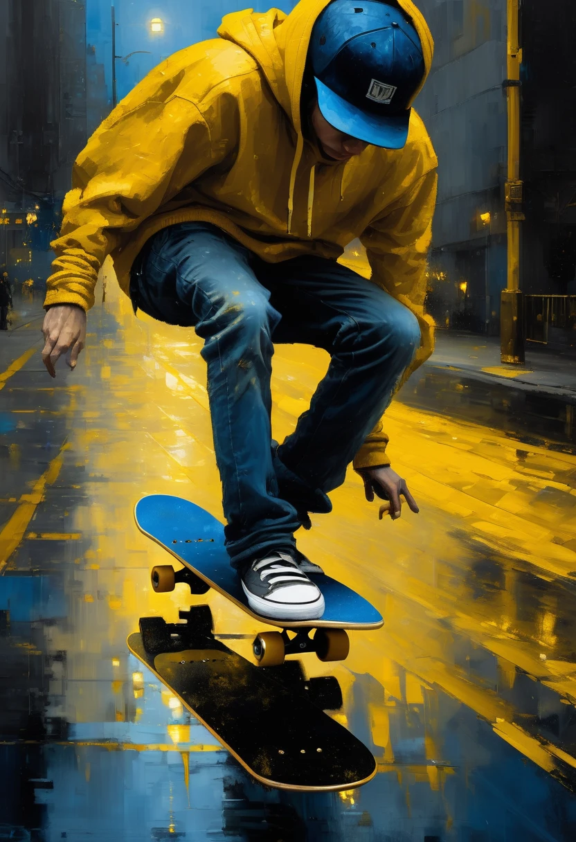 High relief pixel art made by oil painting by Jeremy Mann of a skateboarder on a nightmare pretty surreal at night, deep grey and black blue and golden yellow, 4D, 8K, photorealistic, dreamlike, big and complex composition storytelling, masterpiece, Impressionism