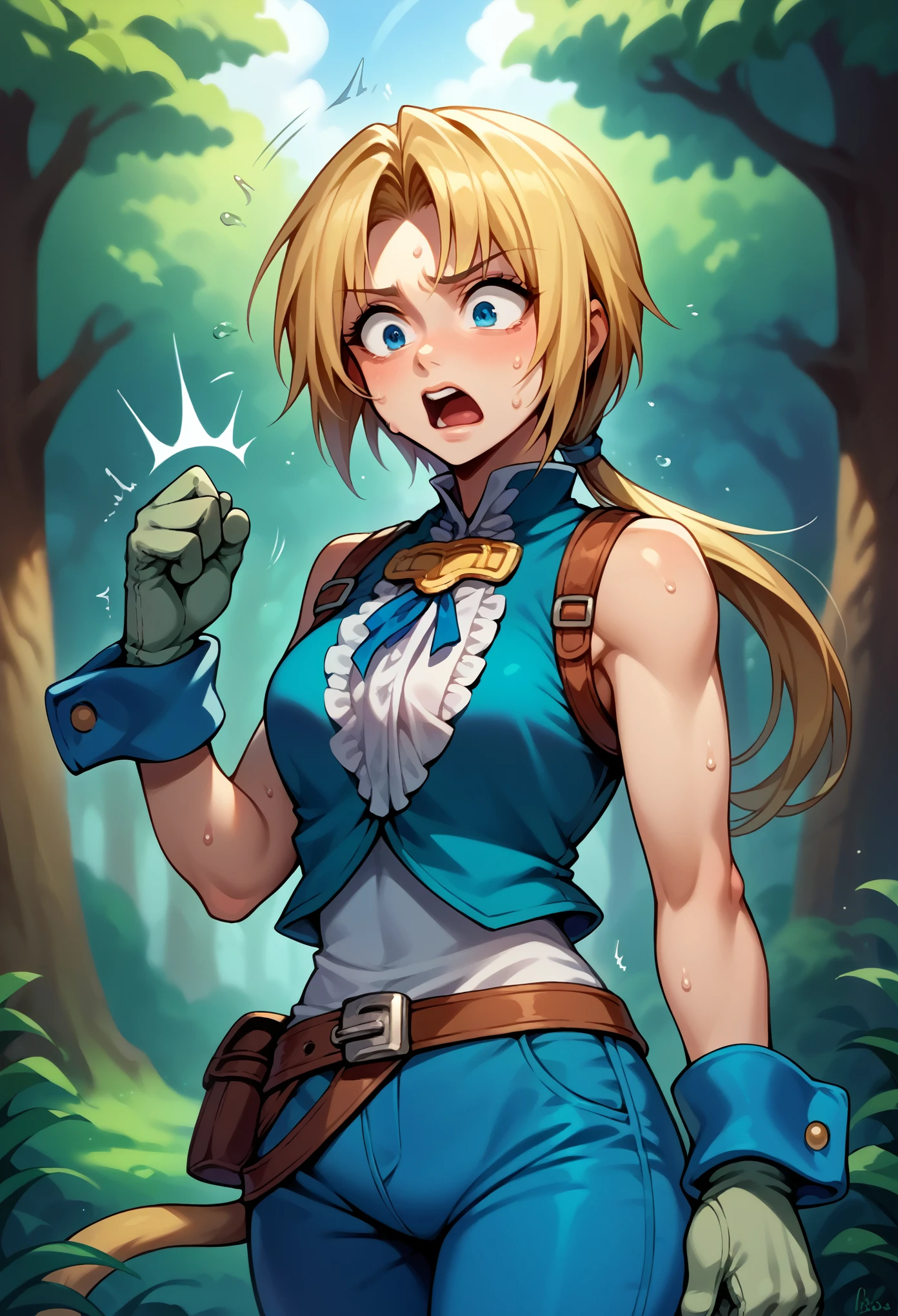 score_9, score_8_up, score_7_up, (female:1.5), 1girl solo, female focus, female body, zidane, blonde hair, medium hair, blue eyes, monkey tail, low ponytail, parted bangs, gloves, blue pants, standing, shocked, shaking, sweating, white aura, looking down , deep forest
