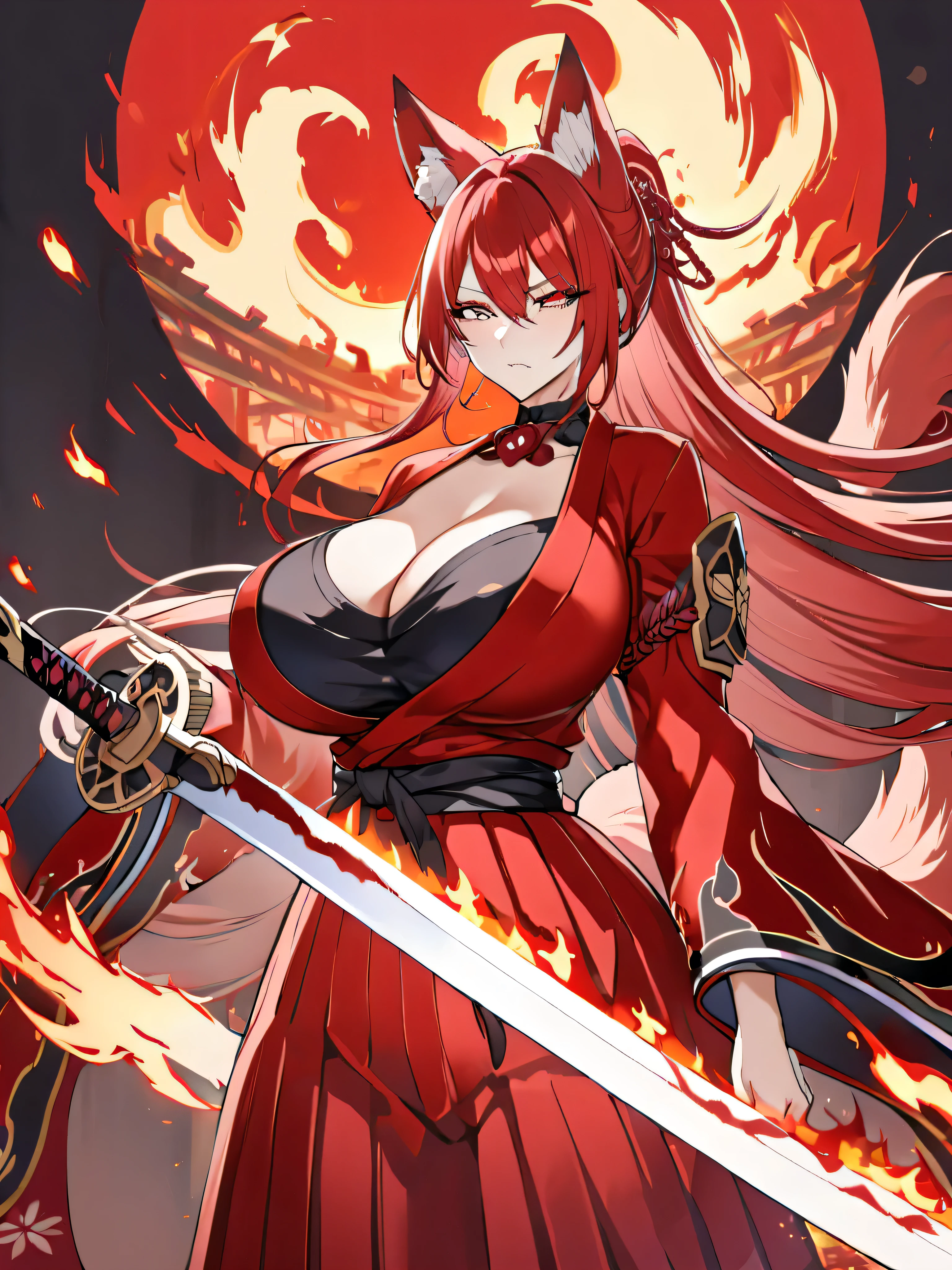 8K Highest quality Long red ponytail Red fox ears Nine fox tails Very large Flaming Japanese sword Red jacket Long hakama Red eyeshadow on lower eyelids Red burning background Japanese style Samurai Burning hell