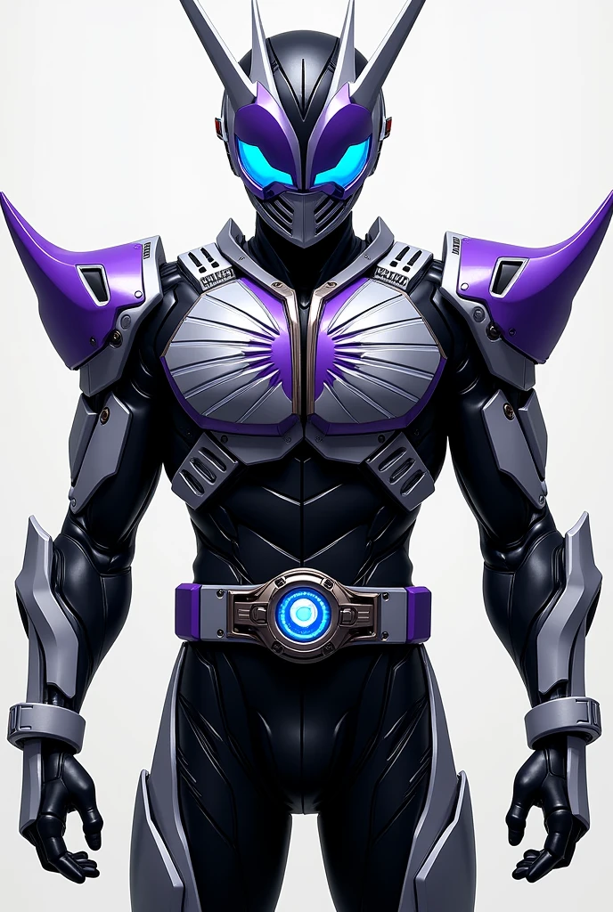 heroic design
Overall Silhouette: The body type is muscular yet slim, typical of Kamen Rider designs. The design emphasizes mobility while conveying a sense of strength, with flowing lines that highlight the body’s movement, balancing agility and power.
Main Colors: The primary colors are black, white, and blue, which are cleverly arranged. Blue serves as the base color, with white and black as accents. These colors follow the body’s contours, with blue lines particularly on the chest, arms, and legs, and white details on the helmet and belt.
Helmet: The helmet is the iconic part of the Kamen Rider look, complex yet instilling a sense of heroic dignity. It features a black base with sharp blue compound eyes. The head has white lines flowing down the center, incorporating futuristic mechanical elements throughout the design.
Armor: Armor pieces cover the chest, shoulders, arms, and legs. The chest armor features a signature "V" shape, characteristic of Kamen Rider, with blue and white lines radiating outward. The armor's surface has intricate mechanical patterns, yet it remains smooth overall, exuding strength.
Umanize Driver:
Design: The Umanize Driver stands out as a unique transformation belt in the Kamen Rider series. It features a purple and white color palette, with a large circular slot in the center where the Golbo is inserted. The belt itself is black with purple and white mechanical details running along it, lighting up when worn.
Golbo: The circular transformation item, "Golbo," plays a key role in Kamen Rider transformations. It has a glossy black and purple finish, with a glowing blue center. When set into the Umanize Driver, the entire belt illuminates, initiating the transformation into Kamen Naizer Uma.
Additional Elements:
Finishing Move: The Umanize Driver's finishing move is executed by setting the Golbo into the belt, charging energy, and then releasing it. Blue energy envelops the entire body, concentrating into the fists or feet to deliv