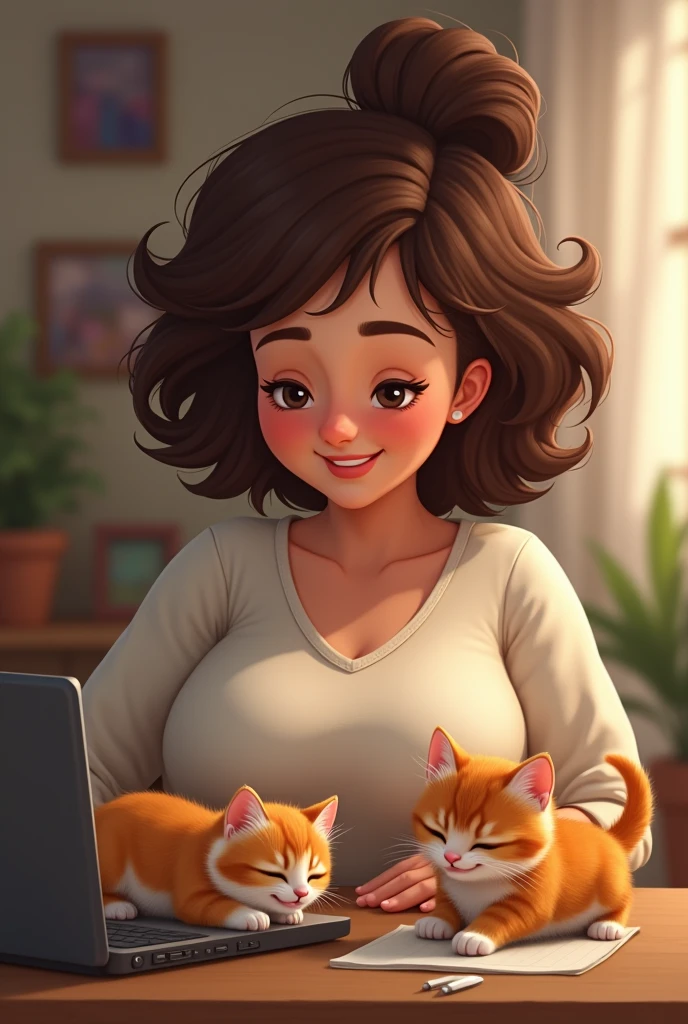 Friendly fat white woman with brown curly hair working on laptop and 3 kittens playing on keyboard
