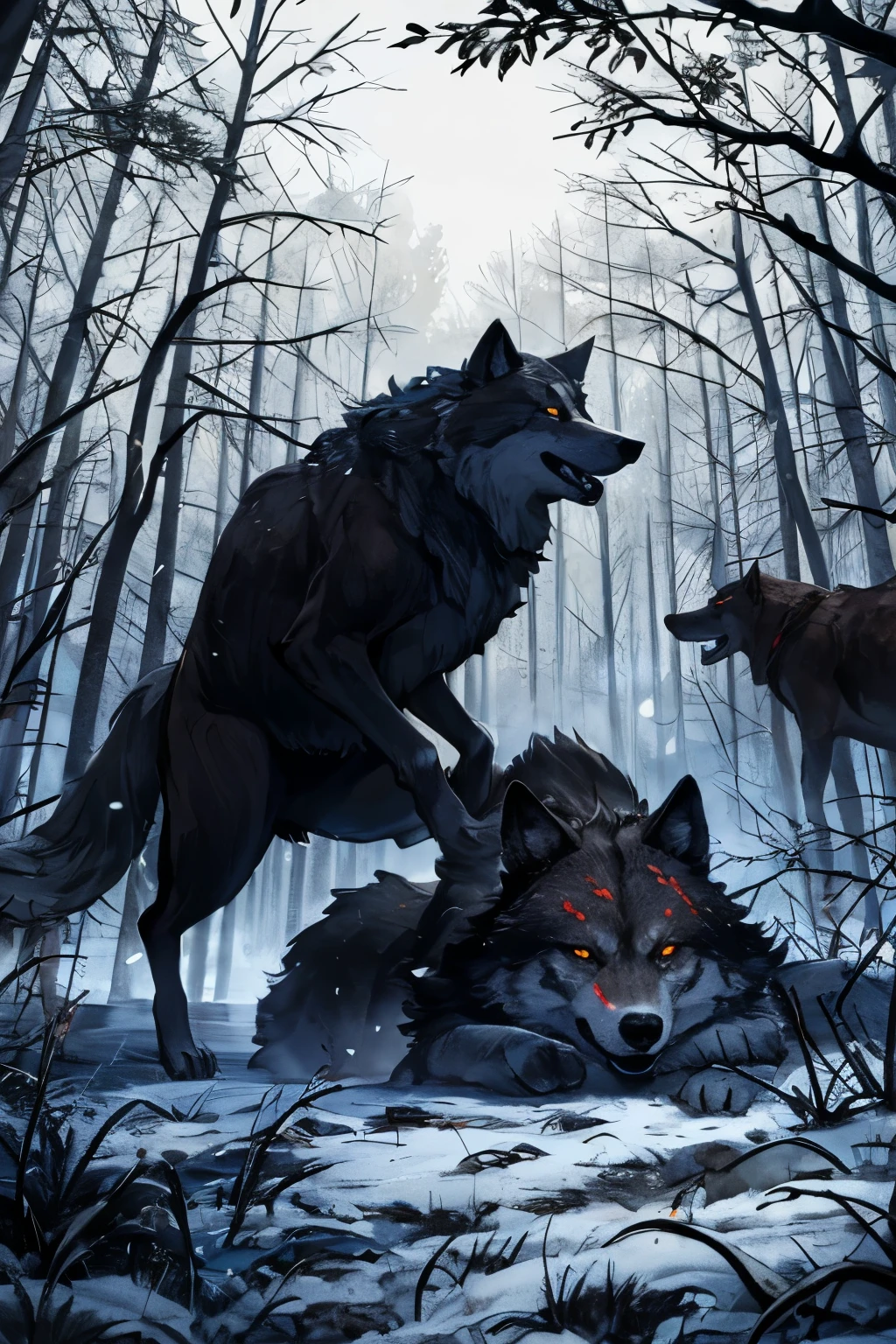 PUT BLOOD, PUT BLOOD CRie um logo Descrição da Imagem: "In a dark clearing in the forest, several wolves with red eyes are fighting each other. The ground is covered in blood and bloodstains are scattered on the surrounding trees.. The wolves are in fierce positions, with aggressive postures and teeth showing. Moonlight illuminates the sinister scene, increasing the climate of terror." as highlighted in the nomome "BLACCK_SNOW"
PUT BLOOD NA CENA, war scene