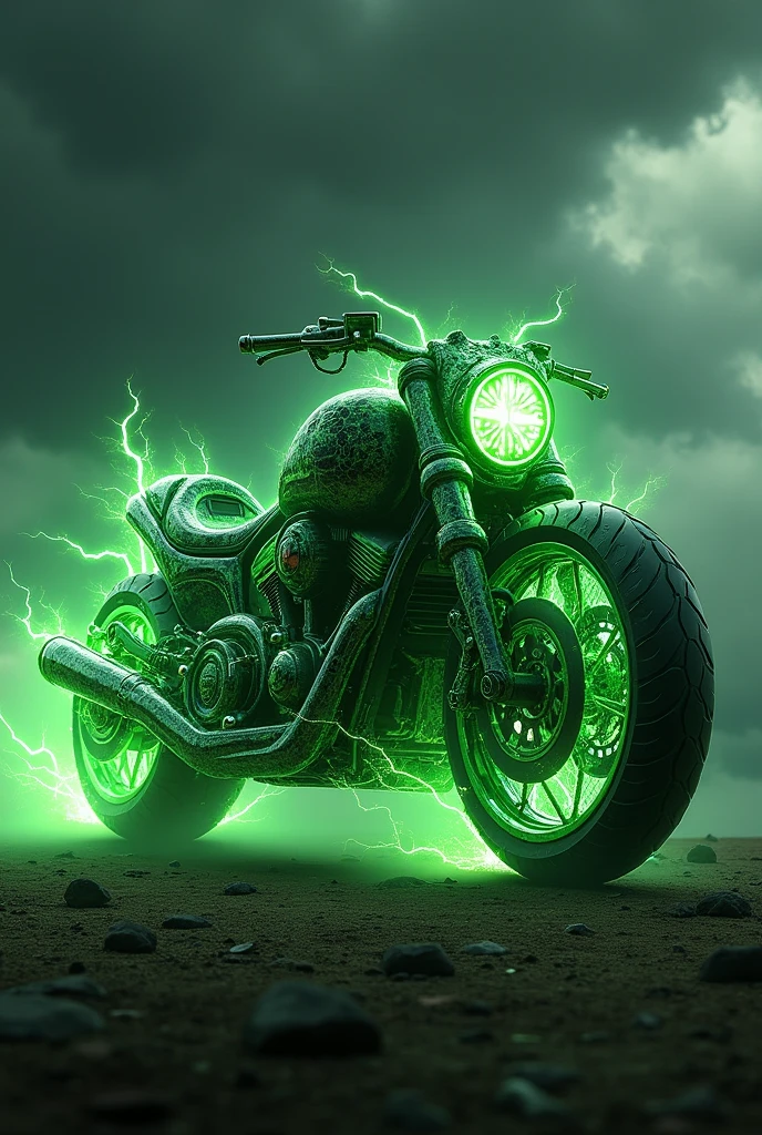 A green lightning bolt in the shape of a motorcycle, beast style 