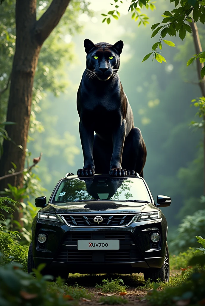 A black panther with green eyed sitting on Mahindra Xuv 700 car, a location is beautiful jungle with some of wild animals