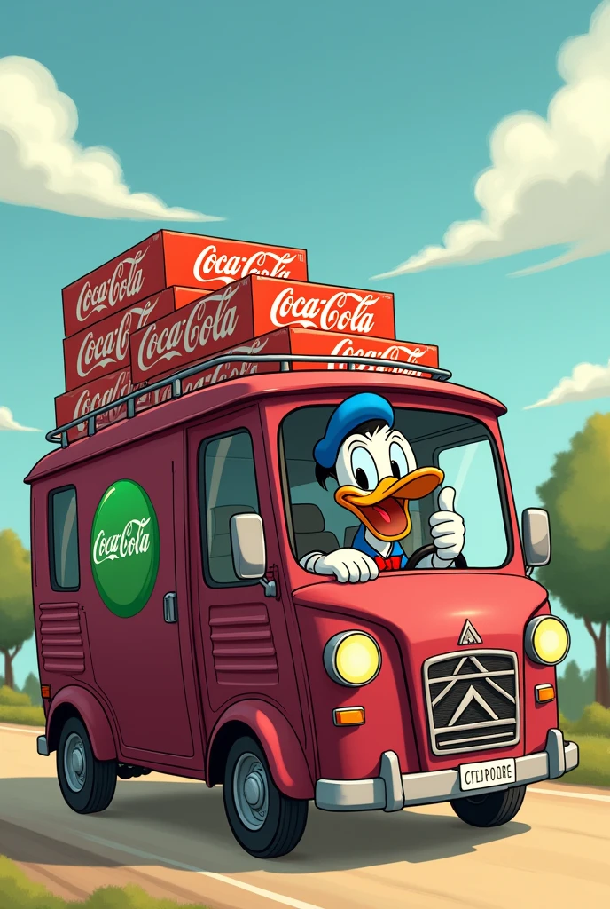 A dark burgundy minibus with a green round emblem on the side of the Citroen is carrying many boxes of Coca-Cola, Donald Duck is sitting behind the wheel and sticking his hand out the side window, showing a thumbs up like. Image in the style of hand-drawn Disney cartoons