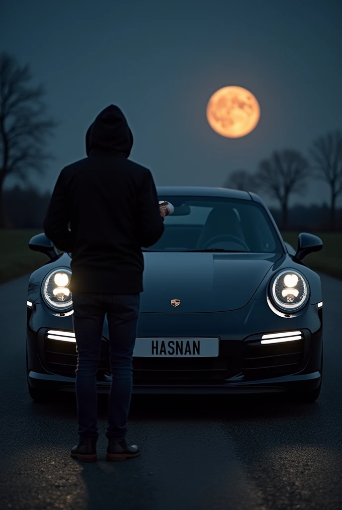 A black porsche 911 turbo s from the front with drls on in the dark night with a shining moon in the back and a name HASNAN on the number plate with a guy standing infront of it in a black hoddie with a cup of coffee