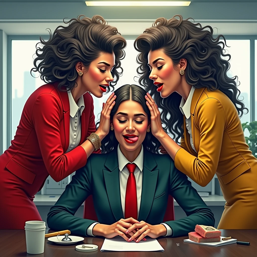 in luxerius office items sorrounded bright lighted modern indian office,three eldery 65 years old indian lady and 35 years old young ladies,licking head scalps of each others,red lipsstick,realistic licking scalp with tongue,3c curly very long hair hair,styled with 100000 liters hair oil,hairs like viscus oiled pulp,slick combed hair lines highly visible,showered with hair oil,Bathed with hair oil,{{{{{{NSFW}}}}},{{{{{Nudity:1.5}}}}},{{{{{{{{{{{Full Nude}}}}}}}}}}}}}}}},{{{{{{Eldery & Young}}}}}}},{{{{{Wet hairs,Totaly oil wet hairs, Totaly oiled hairs}}}}},{{{{{Perfect color grading}}}}},{{{{{Natural licking}}}}},{{{{{{Natural tongues}}}}},{{{{{{{Super curly like noodles}}}}}},(Hair oily:1.6),(Hair oiled:1.6),(show me your tongue out, long tongue:1.2),