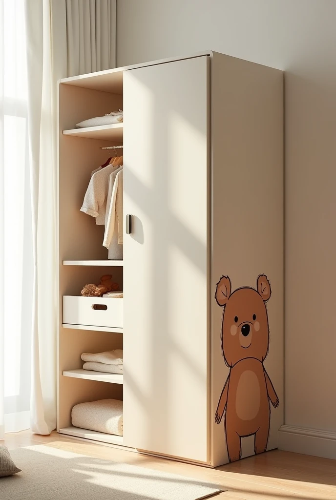 (Design a children's storage cabinet that is not too big. There is a cute cartoon character like a brown bear on the side of the cabinet. It is minimalistic and makes it look more luxurious.