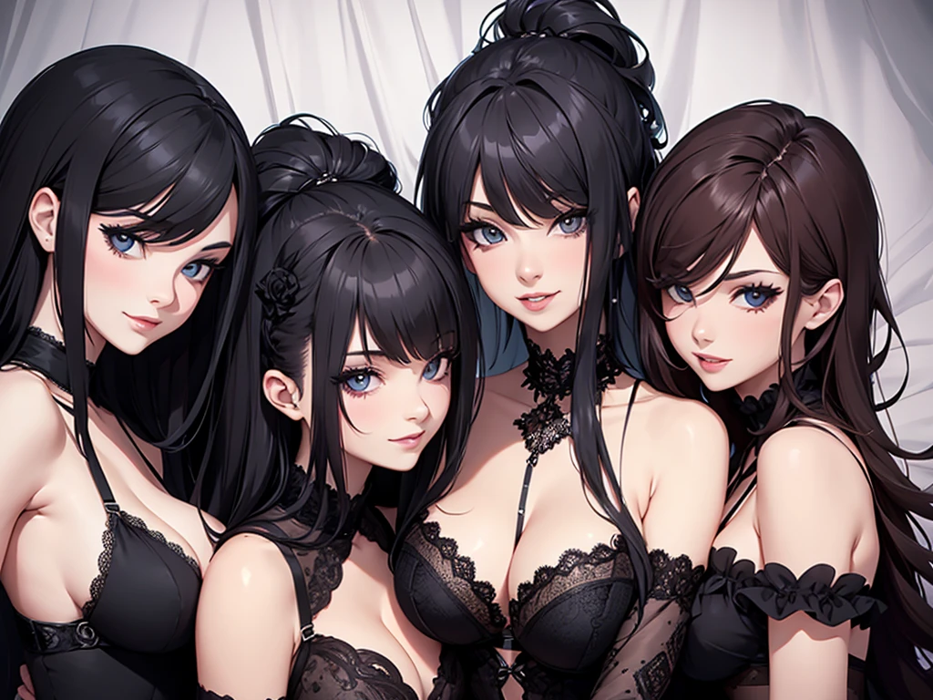 four sexy women in goth lingerie, flirtatious smiles, on bed, various hair, portrait