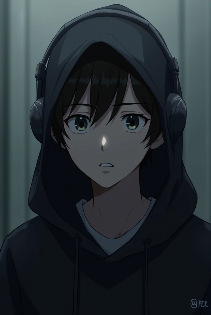 Boy wearing black hoodie and headphones animated serious 
18+