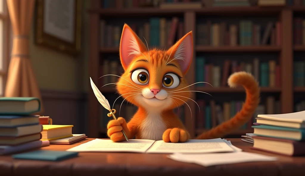 "Depict the cat sitting at a library desk, writing its own story with a quill pen. The desk is covered with books and papers, and the cat looks focused and inspired."
3d animated disney inspired