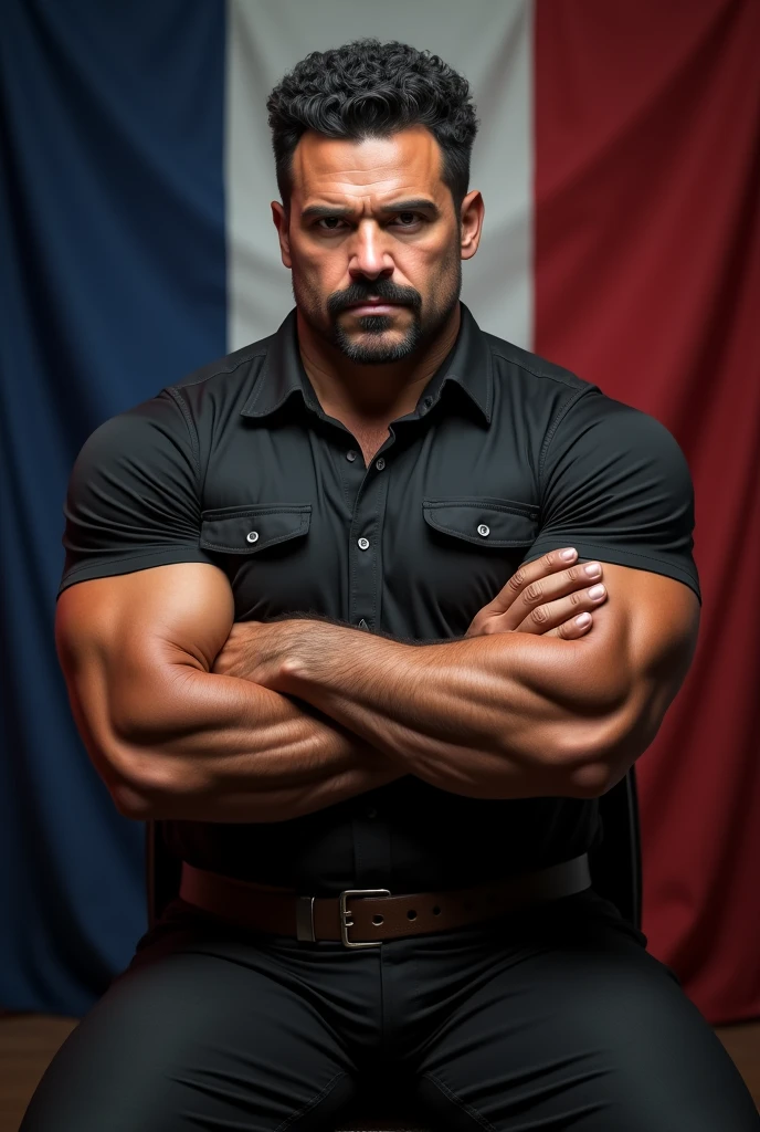 44 Years Old Picture of an Physiculturist Endomorph Biotype black man, Short black curled hairstyle, Mascule face, Hooked nose, Light brown eyes, moustache, Muscular arms, forearms and shoulders, Crossed arms, black Work-Shirt, leather belt, Black Pants, With a French flag in the background, Sitted on Chair, spotlight shining on the face.