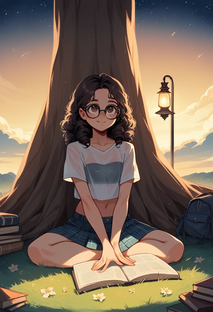 Young sits on the grass reading a book, long black curly hair, wearing glasses, delicate smile, bright brown eyes, looking up at the sky, lamp light, whole body, under a huge tree, farther view, a tent in the background, starry sky, illuminated night, photographic effect, 8k, super detailed, hyper realistic, plaid short skirt, see through crop top