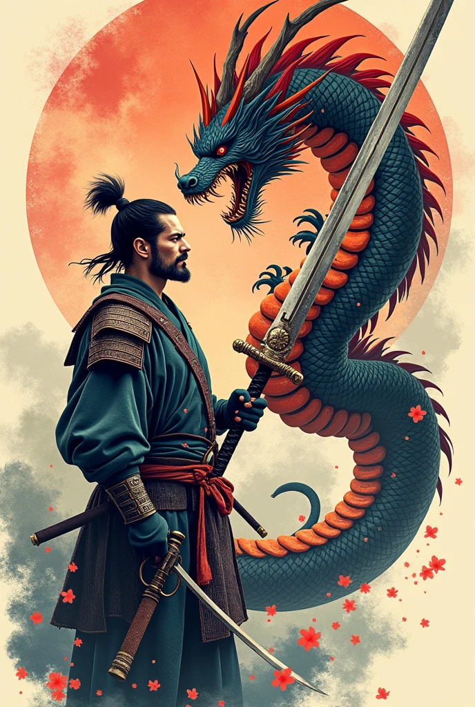 Create a tattoo of a samurai with a dragon climbing up his sword until he comes face to face with the samurai
