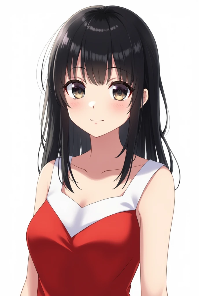 With bangs、Black Hair、Medium length shiny hair、Wearing a red and white dress,She is a mature half-Japanese girl.。The background should be white。