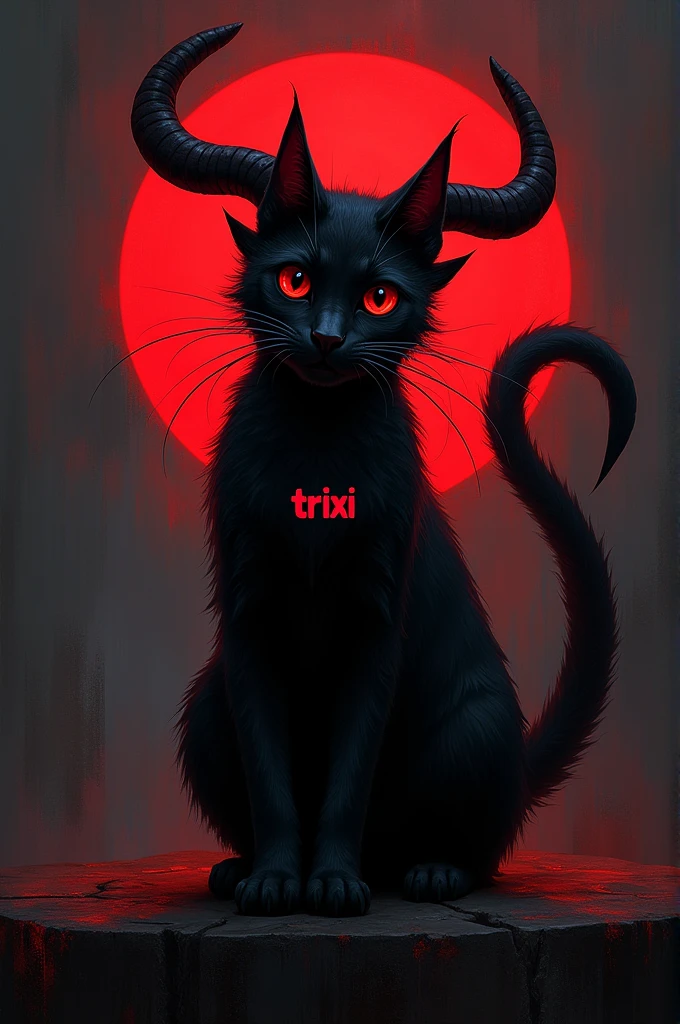 Un dessin d'un chat noir et rouge avec une queue de démon et des cornes de diables et le mots trixi écrit en plein millieu