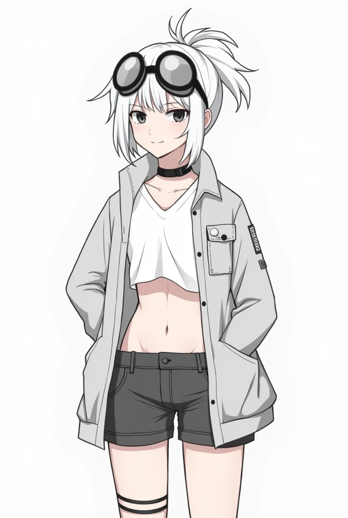 girl、White, unkempt hair、Her hair is tied up high on the right side and is spiky.、Wearing large goggles on his head、Eyes are black、Wear a T-shirt that shows your belly、She was wearing a coat that reached down to her hips、The pants are shorts with different lengths on the left and right、There's a choker on her leg