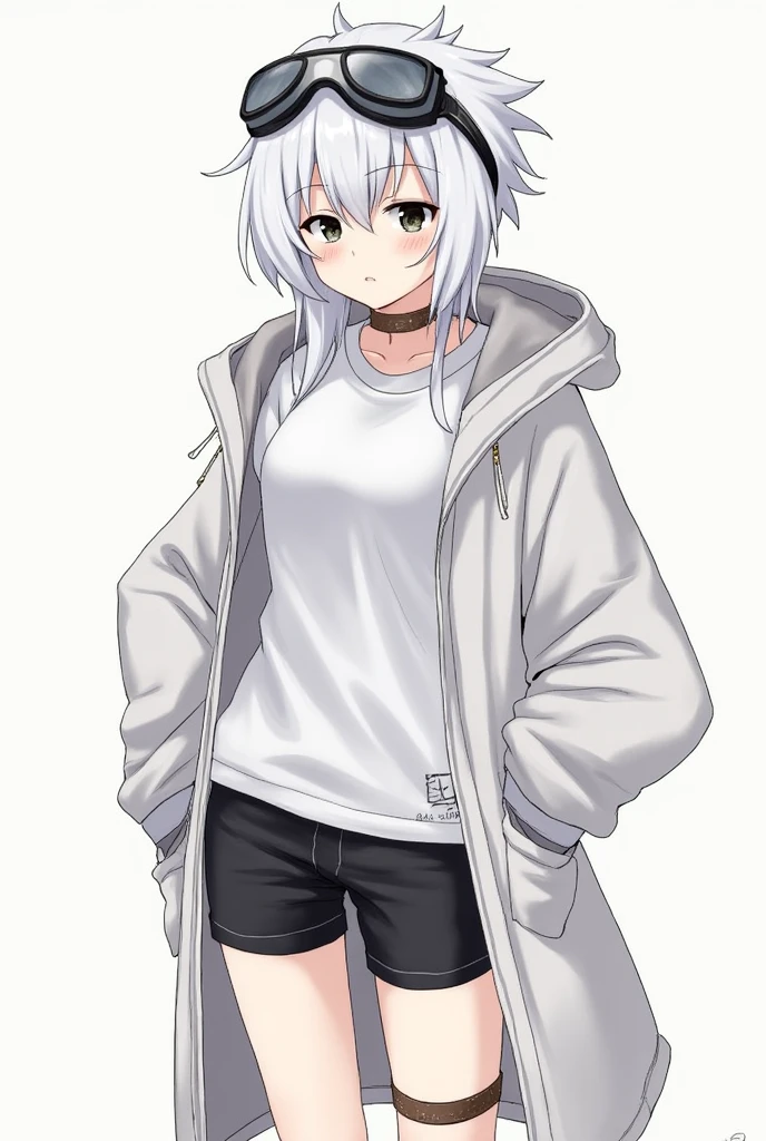 girl、White, unkempt hair、Her hair is tied up high on the right side and is spiky.、Wearing large goggles on his head、Eyes are black、Wear a T-shirt that shows your belly、She was wearing a coat that reached down to her hips、The pants are shorts with different lengths on the left and right、There's a choker on her leg