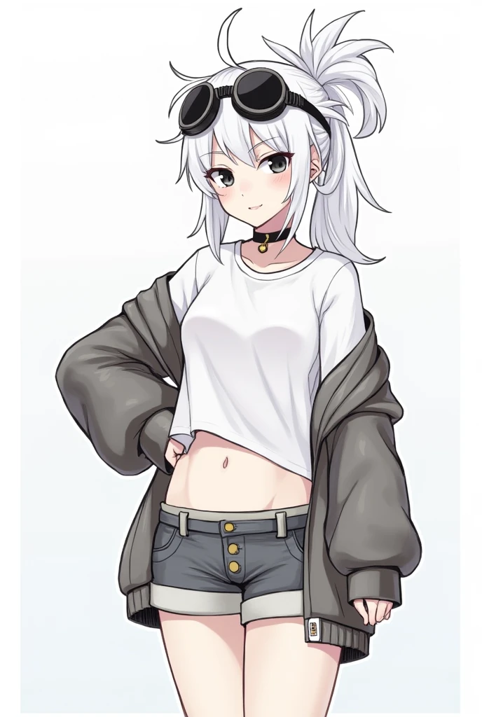 girl、White, unkempt hair、Her hair is tied up high on the right side and is spiky.、Wearing large goggles on his head、Eyes are black、Wear a T-shirt that shows your belly、She was wearing a coat that reached down to her hips、The pants are shorts with different lengths on the left and right、There's a choker on her leg