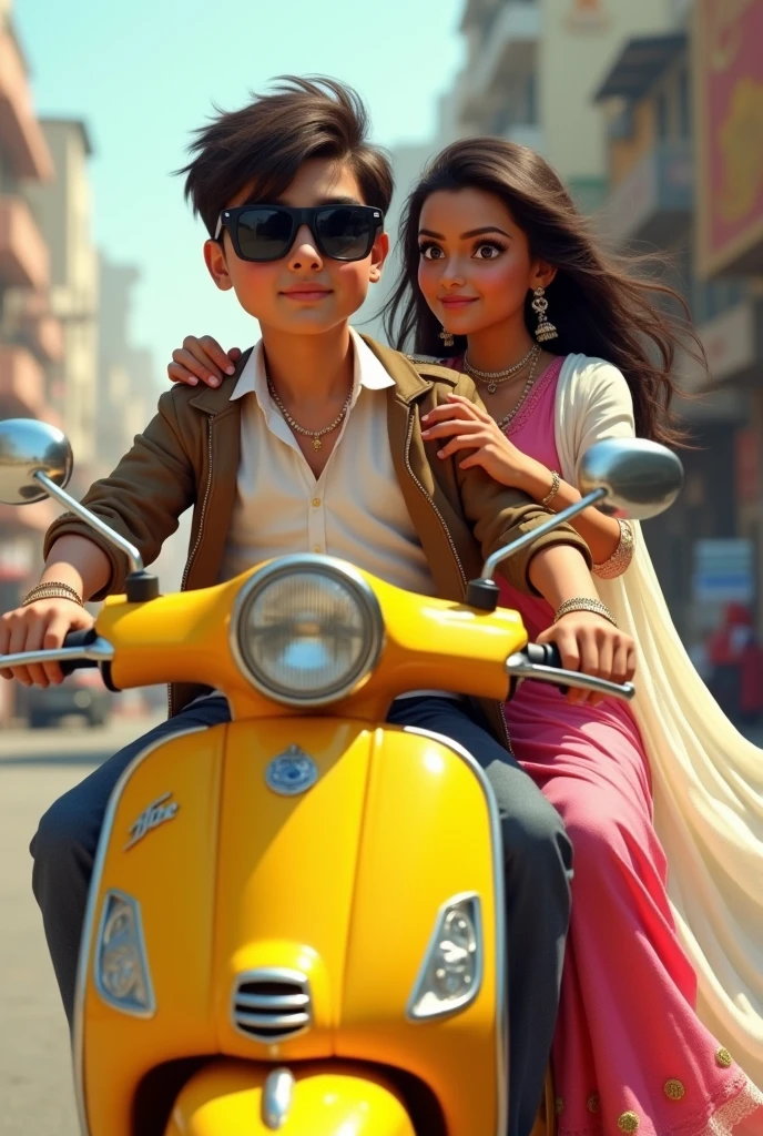 An Indian boy wear white shirt with brown jacket with black sunglass is sitting on a yellow scooter with a girl who wear a pink churidar with white dopatta