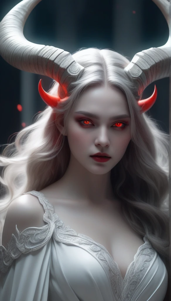 a girl in a stark white background, demoness with flowing hair, glowing red eyes, curved ram horns, sharp ears, red skin, wearing a light wedding dress, seductive, monochromatic, eerie atmosphere, (best quality,4k,8k,highres,masterpiece:1.2),ultra-detailed,(realistic,photorealistic,photo-realistic:1.37)
