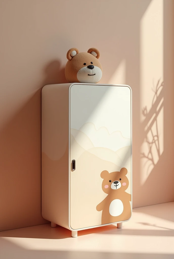 Design a children's storage cabinet that is not too big. There is a cute cartoon character like a brown bear on the side of the cabinet. It is minimalistic and makes it look more luxurious. Add beautiful curves and convexities.