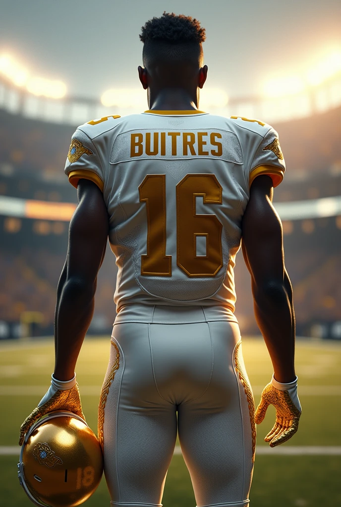 create an image that is an American football field, a player with his back turned wearing a white jersey with the name of the Buitres team on his back, Add gold details to the uniform, holding a golden American helmet. Add elements of pharmacology to this image,