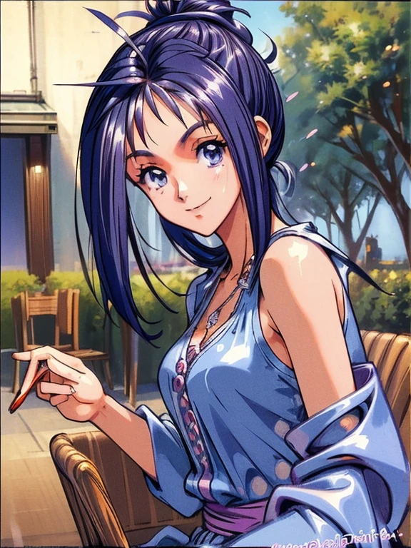 ((masterpiece)),((Ayako Katagiri)),((Katagiri Ayako)),((Mischievous Smile)),Anatomically perfect fingers,(((Paris))),(((Cafe Terrace))),(((one piece))),(((No sleeve)))