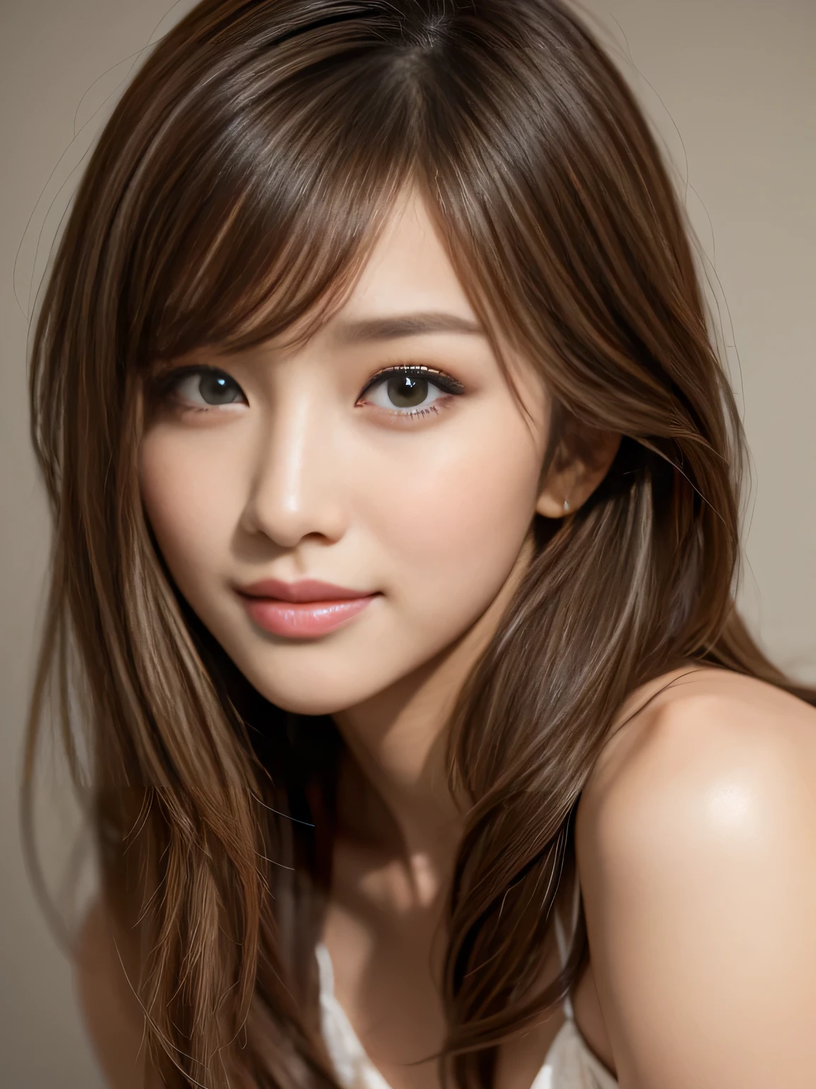 masterpiece, best quality, ultra-detailed, intricately detailed hyperdetailed, realistic, sharp features, highly detailed, sharp focus, Realistic, Photorealistic:1.3, (19 years old:1.3), perfect face, perfect symmetrically eyes, perfect full lips, hyper detailed, hyper realistic, high resolution, beautiful young korean woman, Slender, brown hair, Stylish, model poses, Beautiful Face, light brown hair, messy hair, Beautiful hairstyle, (seductive smile:1.2), (looking at viewer), cinematic lighting, White background,