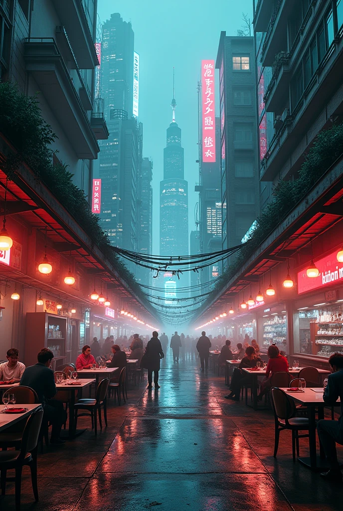 A cyberpunk city in the background and in the center a cafeteria that is not modern at all and that contrasts with the city in the background