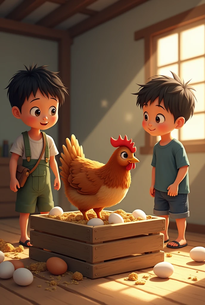 A brown hen ssitting  and feeding foods in a wooden box with some eggs in a room at morning in village and two boys are watching that moment