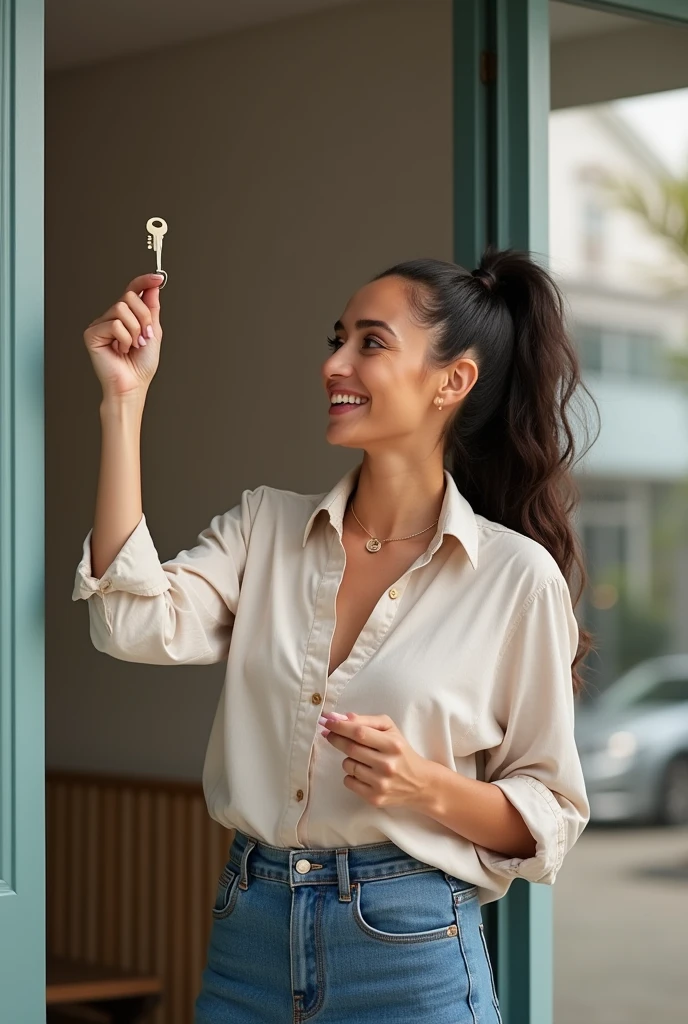 Motivational image of an entrepreneur smiling next to a new store or a key in her hand, symbolizing the opening of a new business. Use a light background in the image