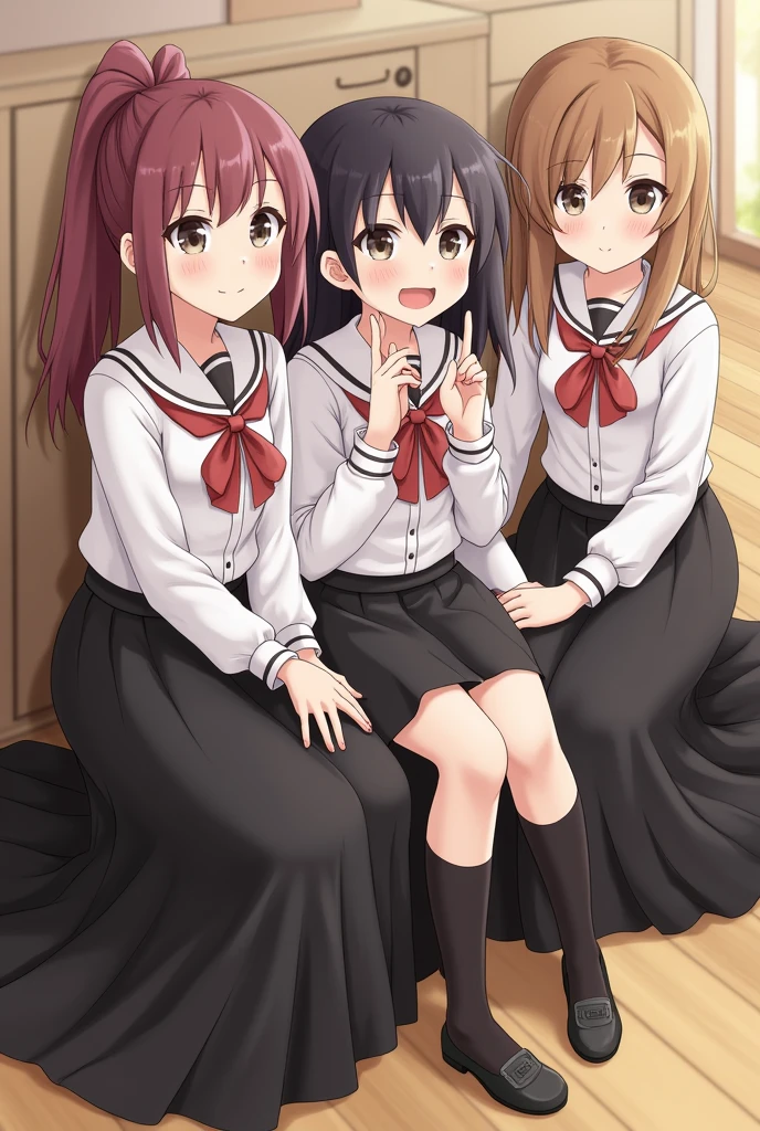 Group of 4 school girls in long black skirts sitting on their friend's legs on the floor