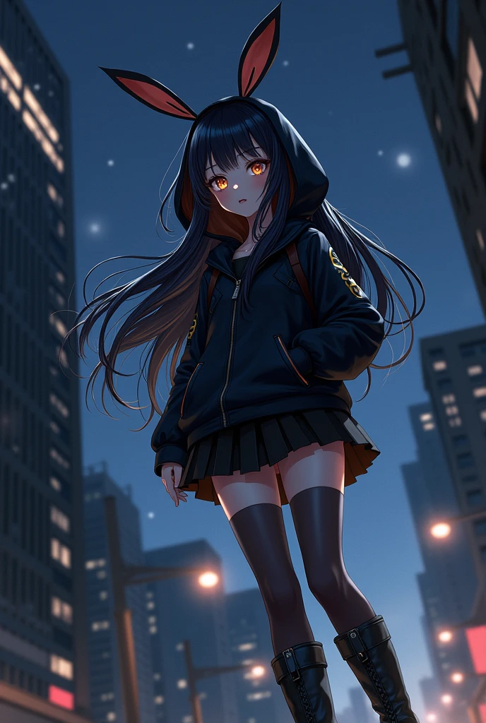 1 girl、masterpiece, highest quality, very detailed、black hair、long hair、Shiny flowing hair、brown eyes、Tree eyes、black colored hoodie with bunny ears, black skirt、black pants stockings、black knee high boots、diagonal angle、midnight、Background of the city