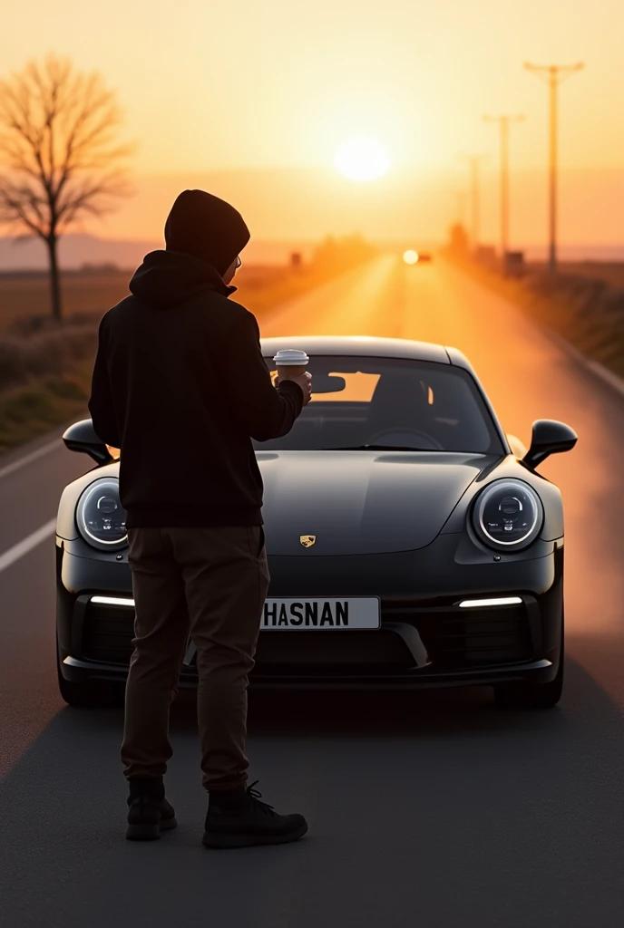 A black porsche with drls on in the sun rise on an empty road in the back and a name HASNAN on the number plate with a guy standing infront of it in a black hoddie with a cup of coffee in his hands 1