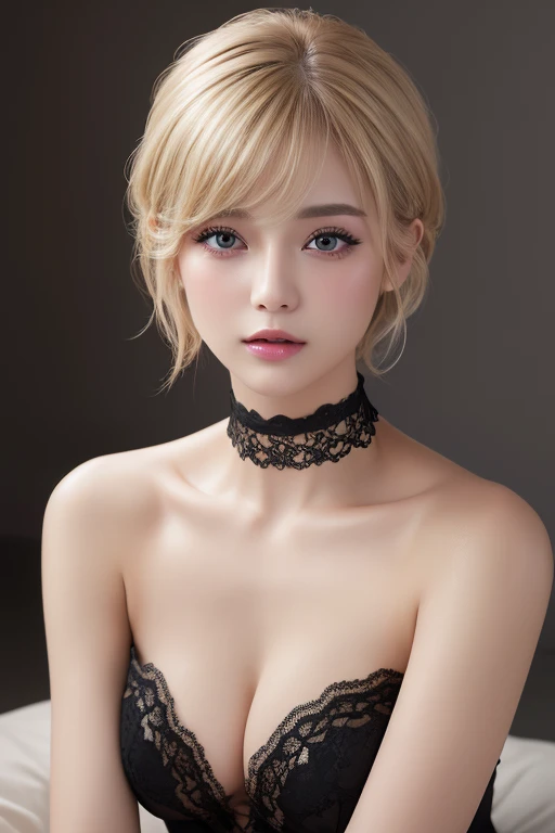 (Highest quality、4K、8k、High resolution、masterpiece:1.2)、Very detailed、(Genuine、Realistic、Realistic:1.3)、Blonde、Pixie Cut、Black choker、Gal Accessories、Gal Makeup、(Completely naked)