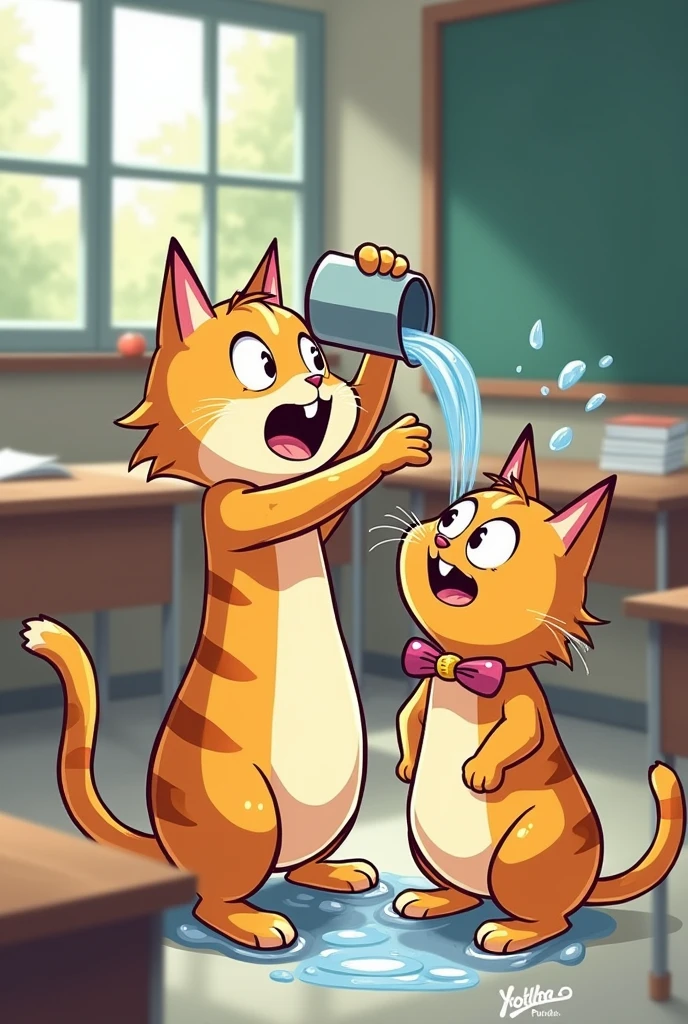 Two cats in a school class one cat pour water on another cat