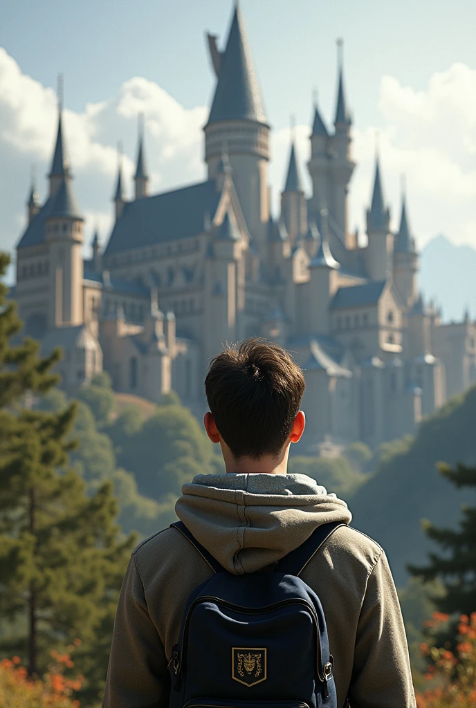 University handsome boy standing infront of king city of lord of the ring and staring to it.