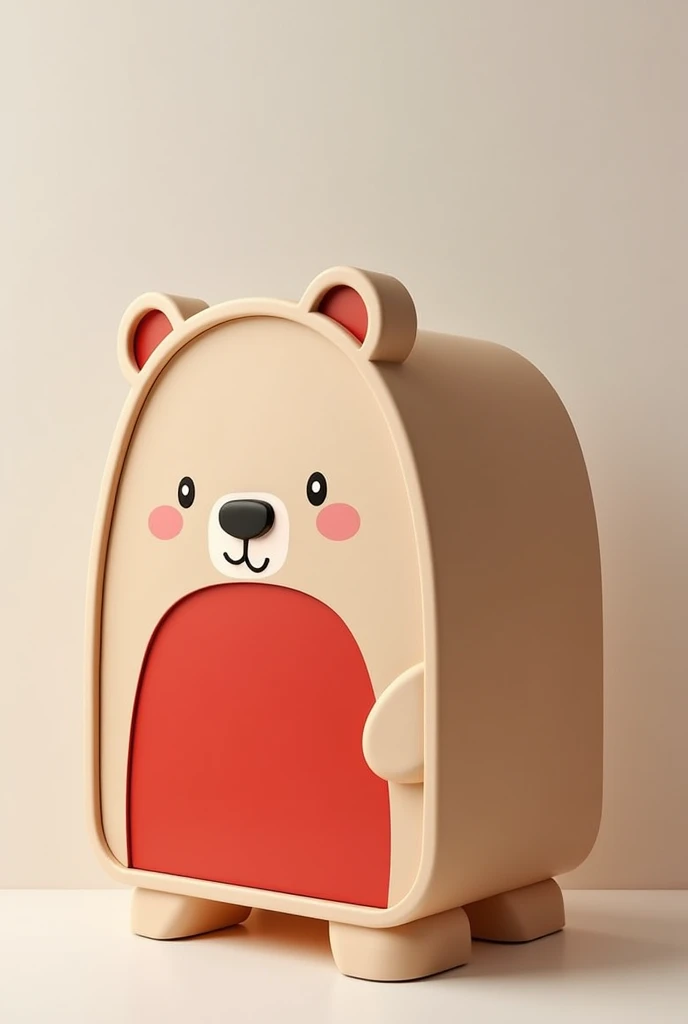 Design a children's storage cabinet that is not too big. There is a cute cartoon character like a brown bear on the side of the cabinet. It is minimalistic and makes it look more luxurious. Add beautiful curves and convexities. Add red at front