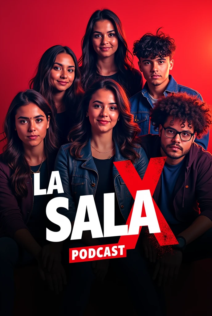 A YouTube cover of a podcast show called La Sala X, with red and black colors, and with a youthful and young adult image 