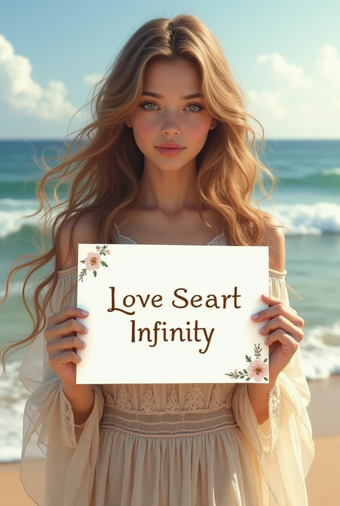 Beautiful girl with wavy long hair, bohemian dress, holding a white board with text "I Love Seaart Infinity" and showing it to the viewer