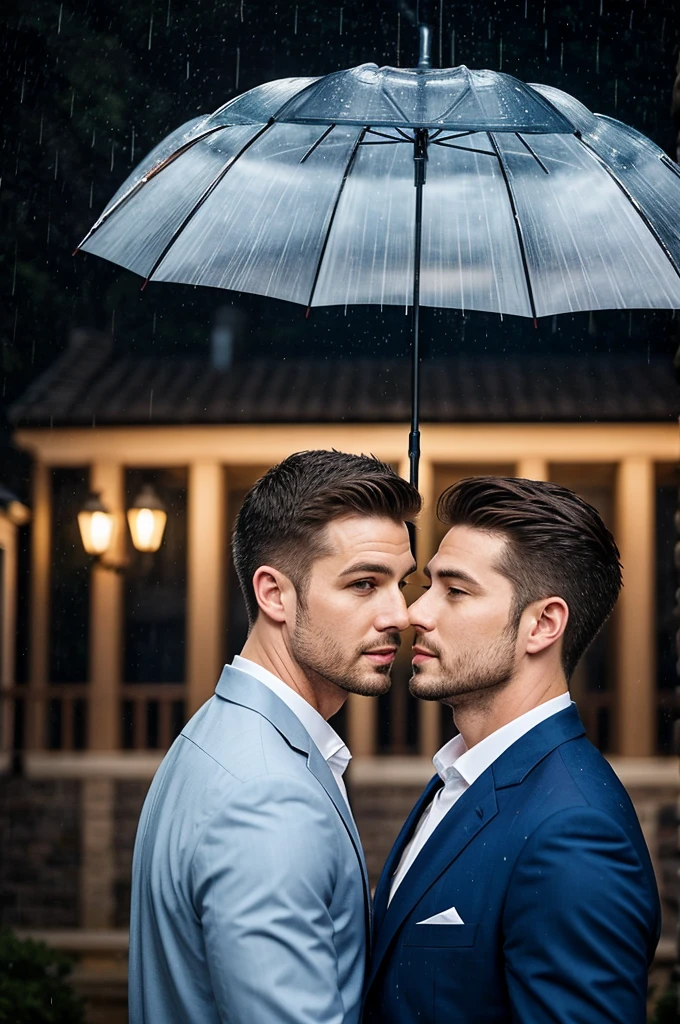 2 handsome men holding umbrella, looking at eachother, it's raining, evening sky, they have completed feeling for each other, there is sadness and hope in the air, half of their body visible,head to hips in focus ,( close up)