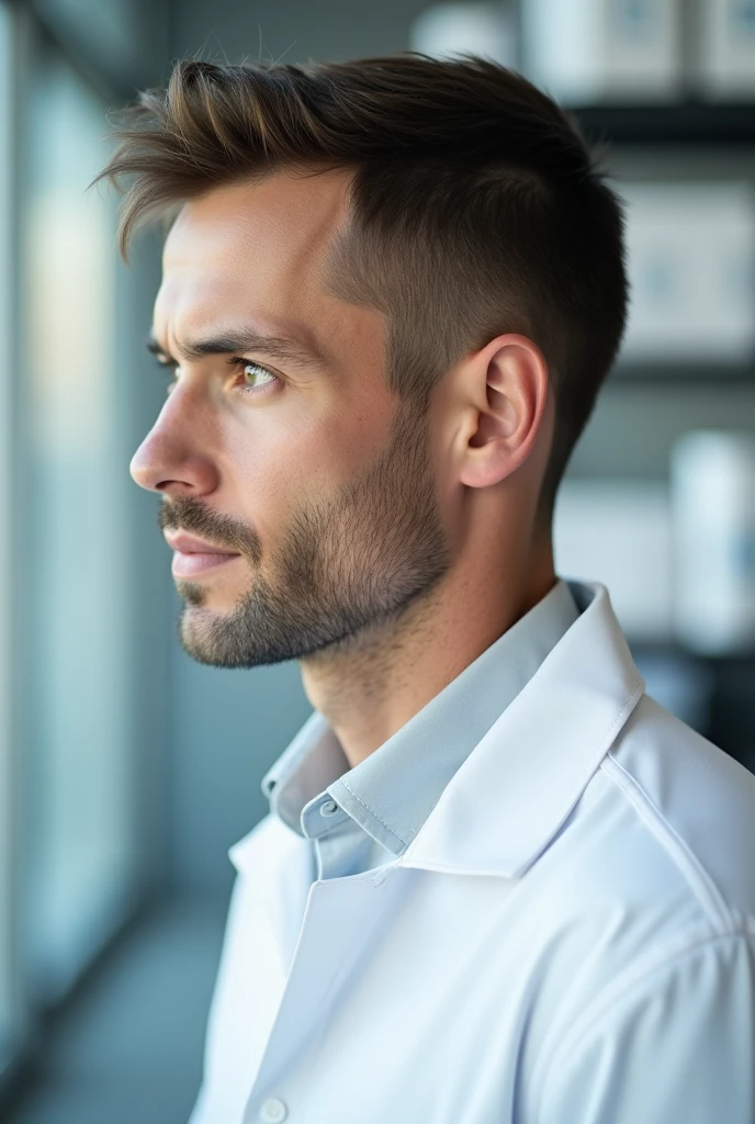 Man , short hair , with white shirt , in a lab , profile picture, front picture