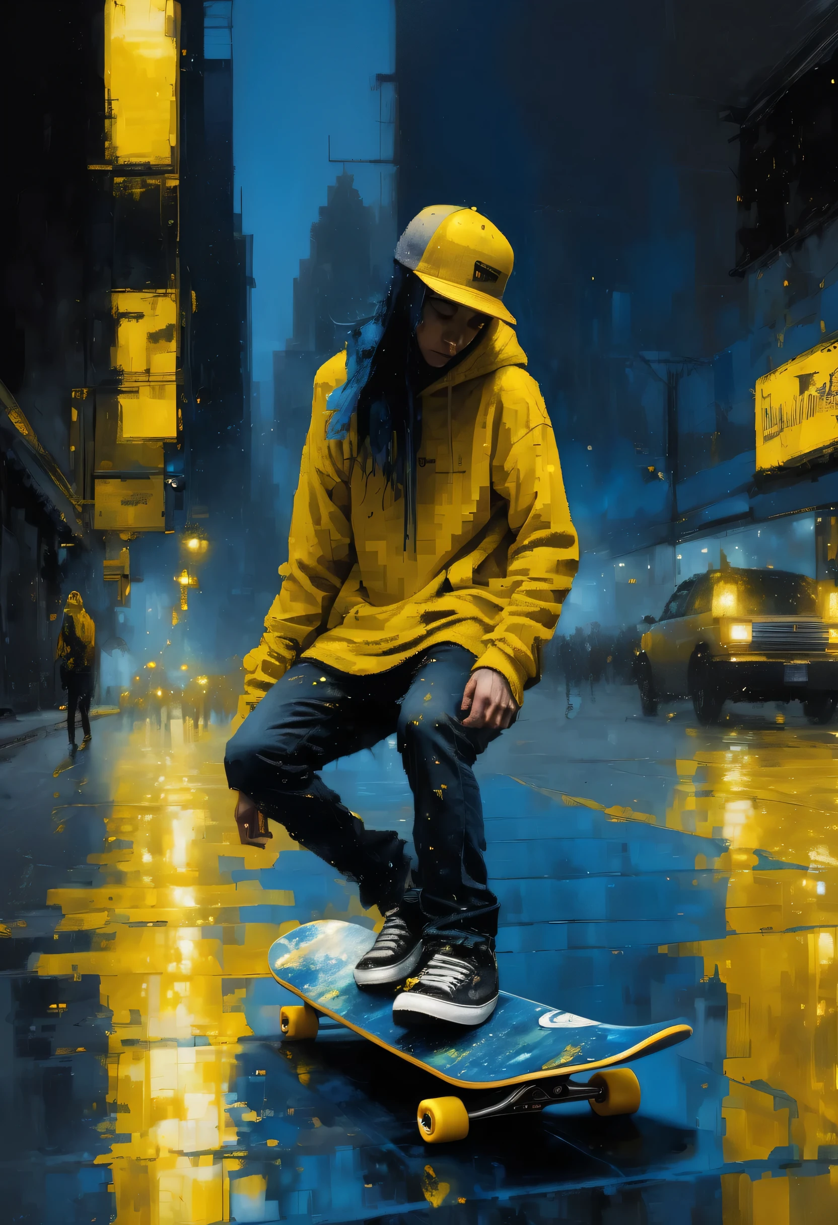 High relief pixel art made by oil painting by Jeremy Mann of a skateboarder on a nightmare pretty surreal at night, deep grey and black blue and golden yellow, 4D, 8K, photorealistic, dreamlike, big and complex composition storytelling, masterpiece, Impressionism