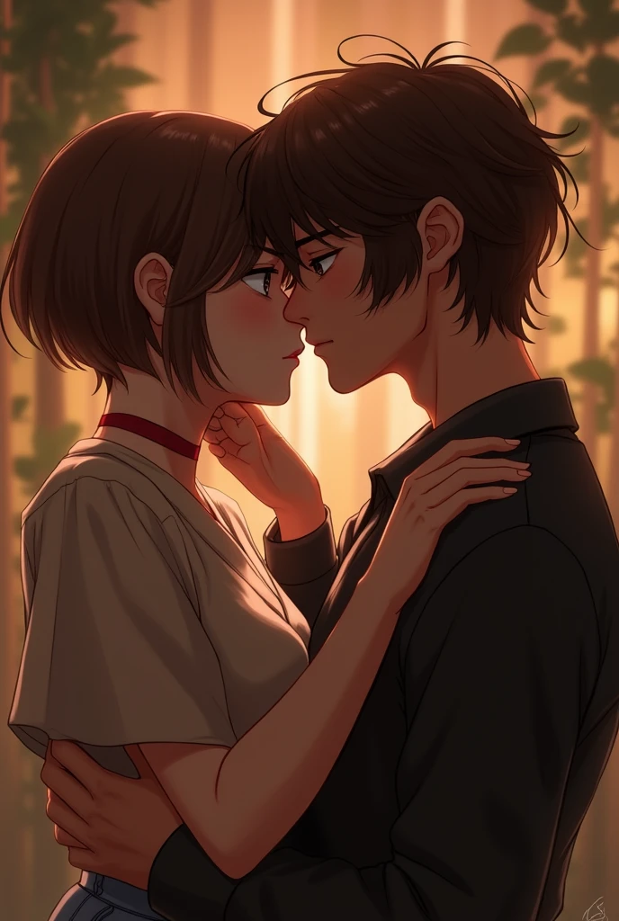 a girl with brown short hair, which is coming till her neck, with a rebellious vibe. holding/loving/kissing a sweet cute boy, with long brown hair. make it look very intimated. they’re adults. 